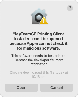 MyTeamGE print client dialog box asking for permission to install the software